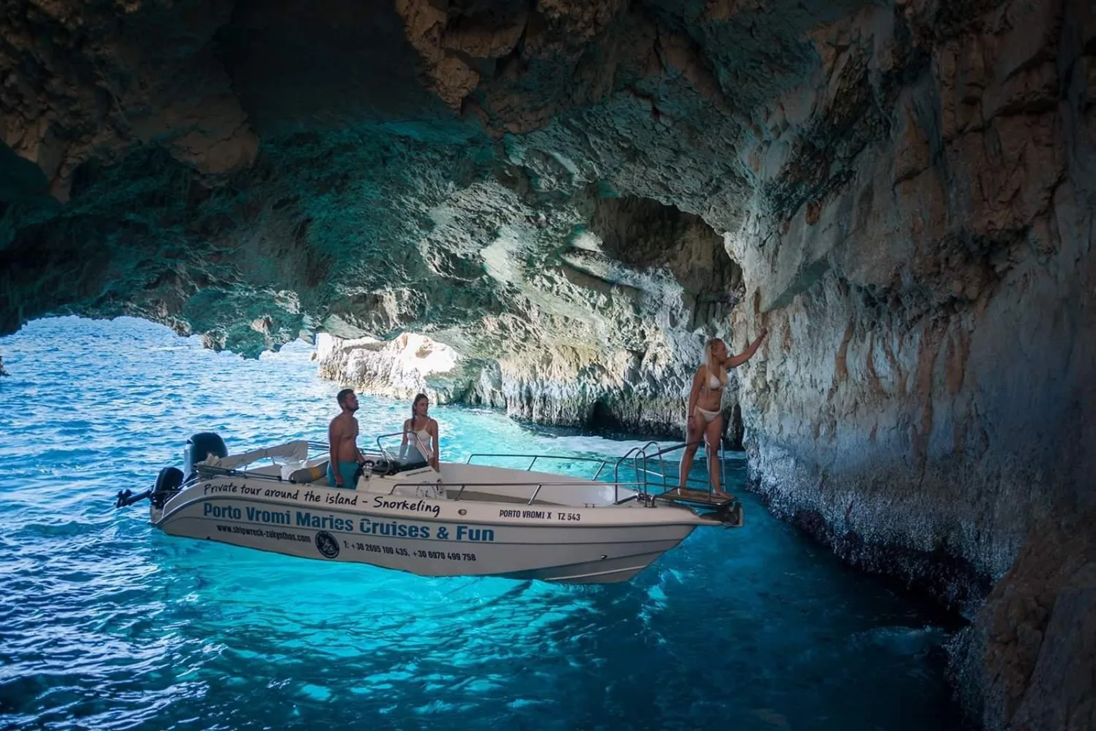 Private boat moored in a quiet cove on the Zakynthos west coast